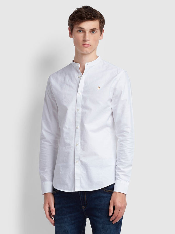 Farah Brewer Slim Fit Grandad Oxford Shirt In White - Q23Menswear