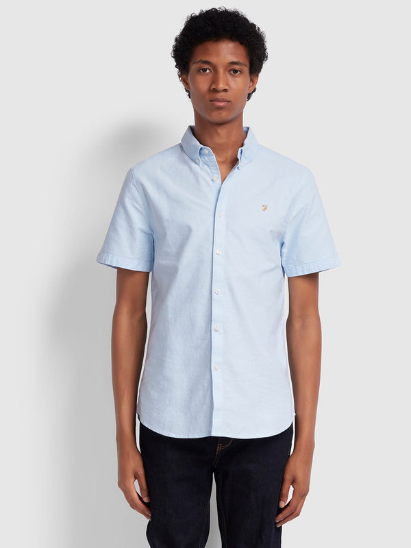 Farah Brewer Slim Fit Short Sleeve Oxford Shirt In Sky Blue - Q23Menswear