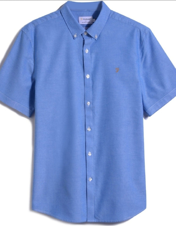 Farah Brewer Slim Fit Short Sleeve Oxford Shirt In Mid Blue Q23 Menswear Galway