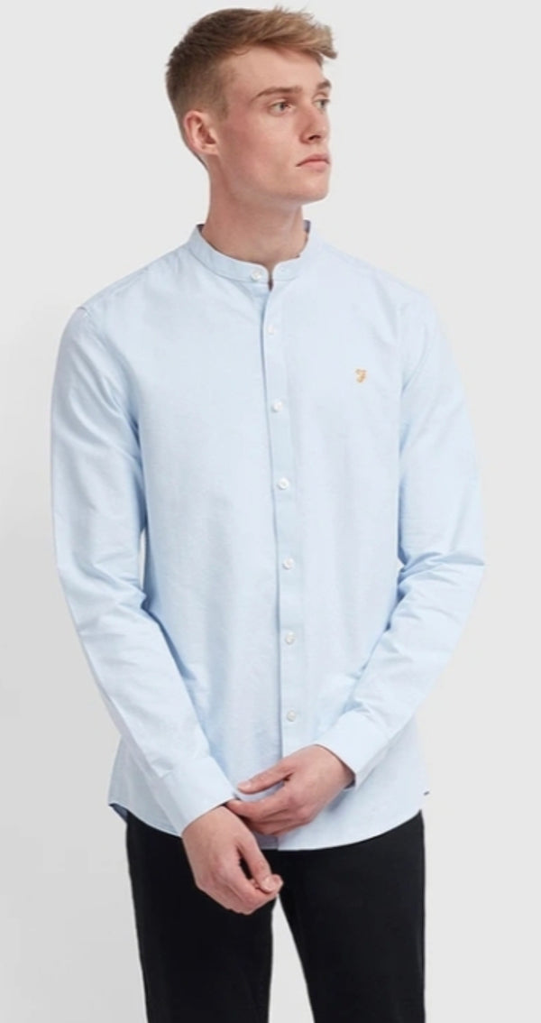 Farah Brewer Slim Fit Grandad Oxford Shirt In Sky - Q23Menswear