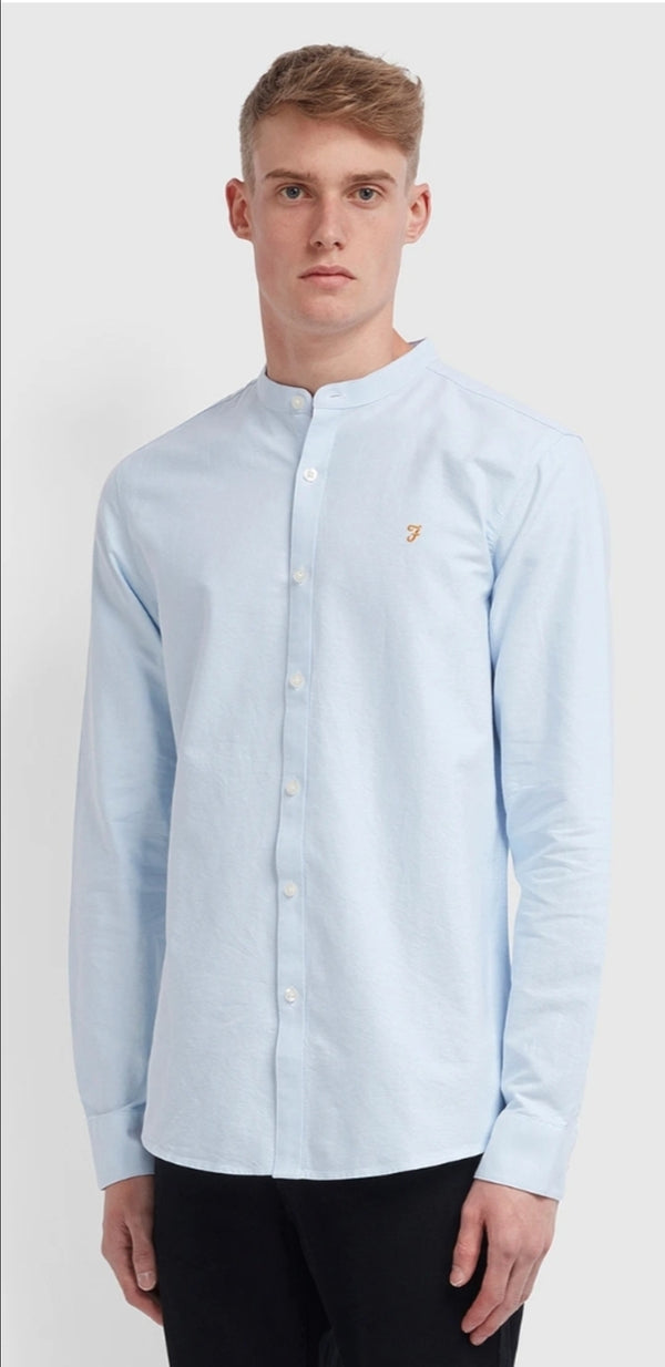 Farah Brewer Slim Fit Grandad Oxford Shirt In Sky - Q23Menswear