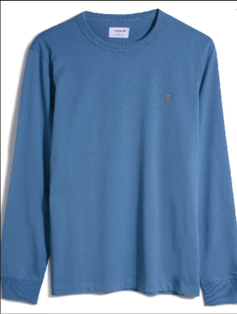 FARAH Worthington Slim Fit Long Sleeve Organic Cotton T-Shirt In Saxe Blue Q23 MEnswear Galway Ireland